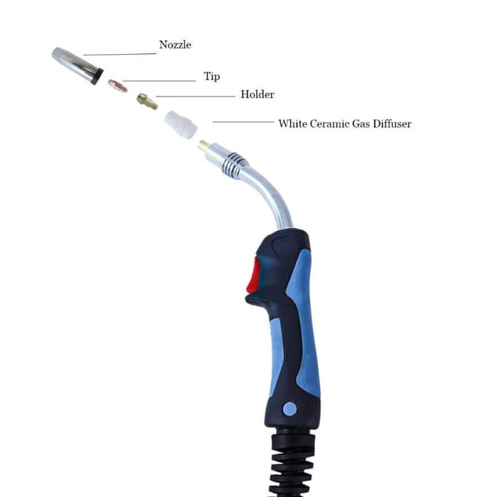 Exploded view of 36KD MIG welding torch components: nozzle, tip, holder, and white ceramic gas diffuser.