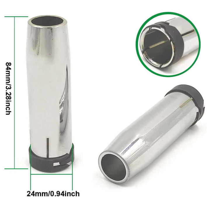 36KD MIG welding torch tip showing dimensions 84mm length and 24mm diameter, designed for precision and durability.