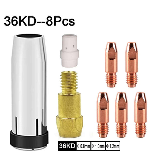 8-piece 36KD MIG welding torch tips kit including nozzle, gas diffuser, and various contact tips for improved welding.