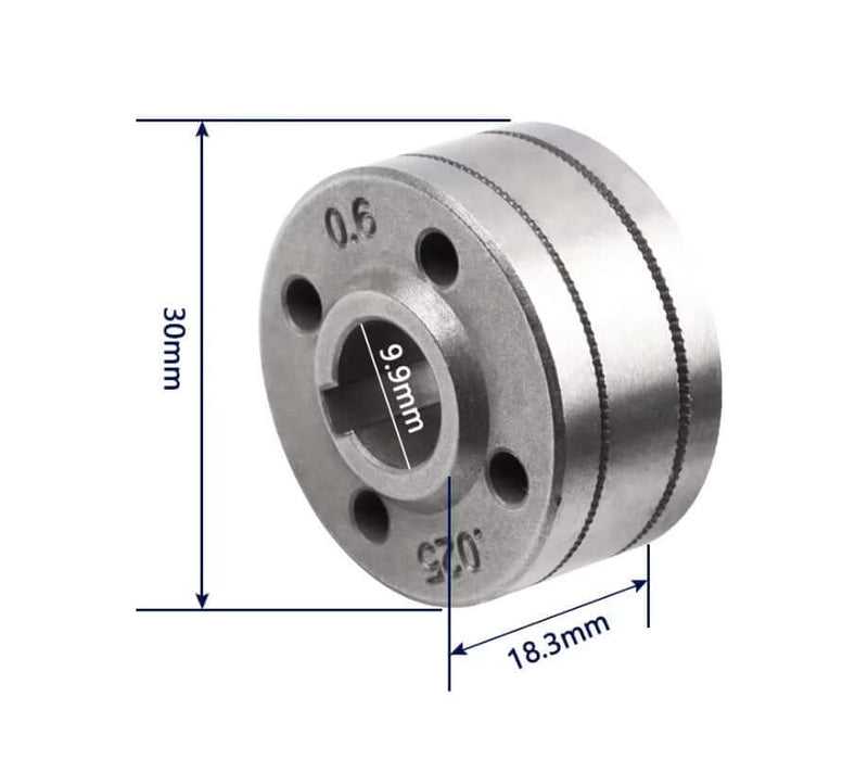 MIG Wire Roller Feed Drive Roller with Knurled/V Groove and dimensions of 30mm height, 18.3mm width, and 9.9mm central hole diameter