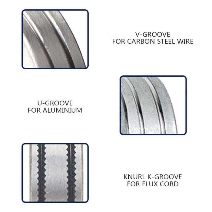 Close-up view of MIG wire rollers with V-Groove for carbon steel, U-Groove for aluminum, and Knurl K-Groove for flux cord