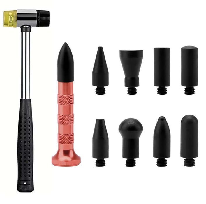 Small dent removal tool set featuring a hammer, knock down pen, and interchangeable pen heads for eco-friendly dent repair.