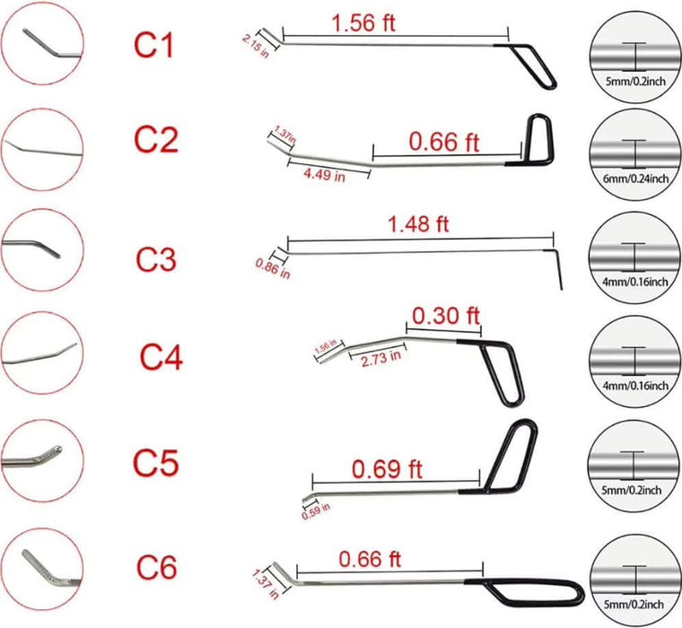 Diagram of small dent removal tool set, showing dimensions and shapes of six different car dent hook rods.