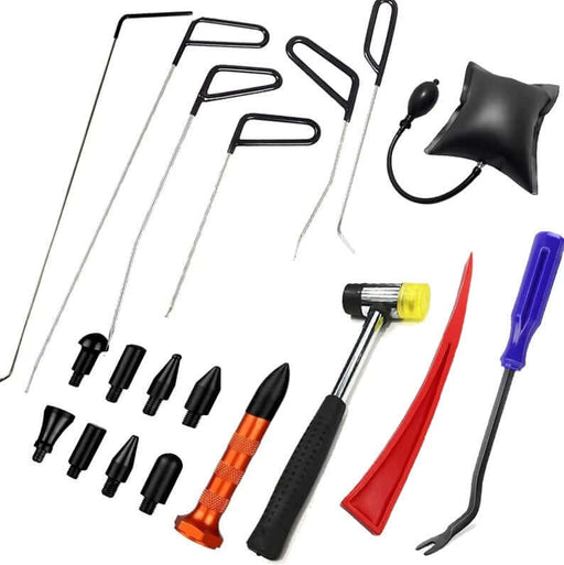 17-piece small dent removal tool set including dent hook rods, a knock-down pen, hammer, and interchangeable pen heads.