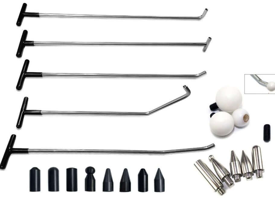 Replaceable head kit for car body repair tool, including rods and interchangeable heads for dent removal.