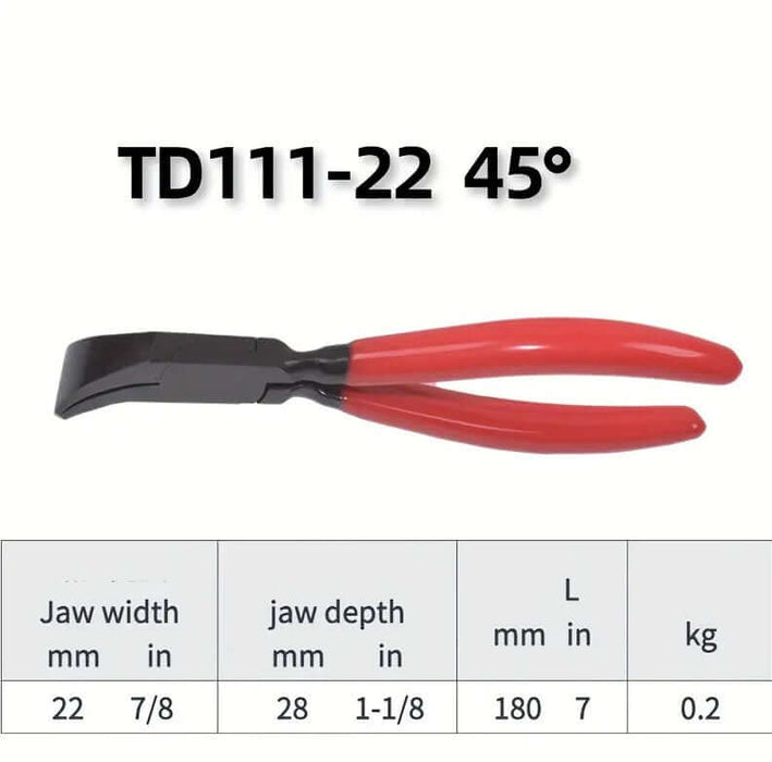 Hand seaming and clinching pliers with red handles, designed for bending and straightening sheet metal in tight spaces.