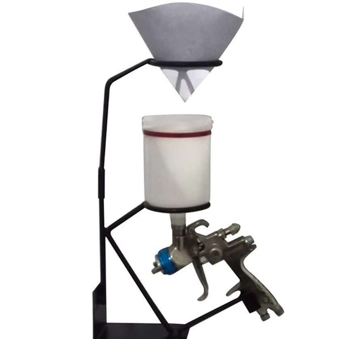 Gravity feed paint spray gun holder stand with strainer, showing mounted spray tool and paint strainer ready for use.