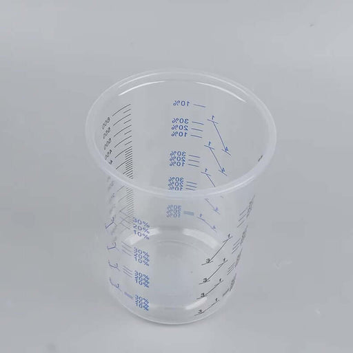 Clear 600ml disposable paint mixing cup with marked ratios for accurate mixing