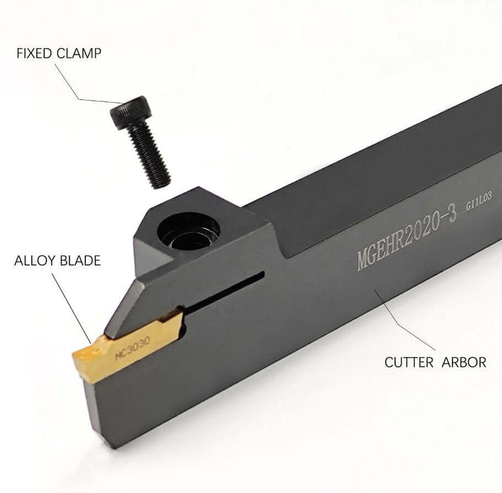 Lathe parting-off/grooving tool holder with fixed clamp, alloy blade, and cutter arbor, model MGEHR2020-3.