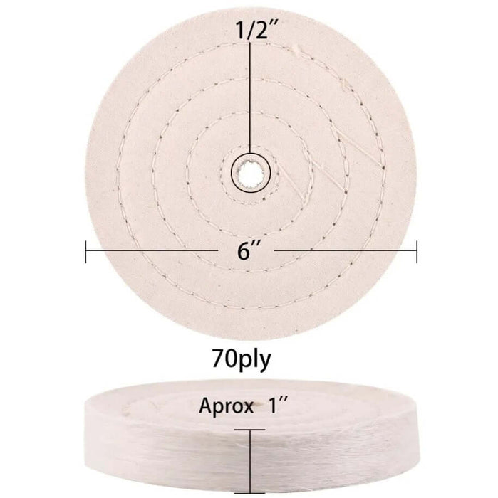 Thick buffing polishing wheel 150mm with 1/2" center hole, 70 plies, and 6" diameter for bench grinders, ideal for polishing various materials.