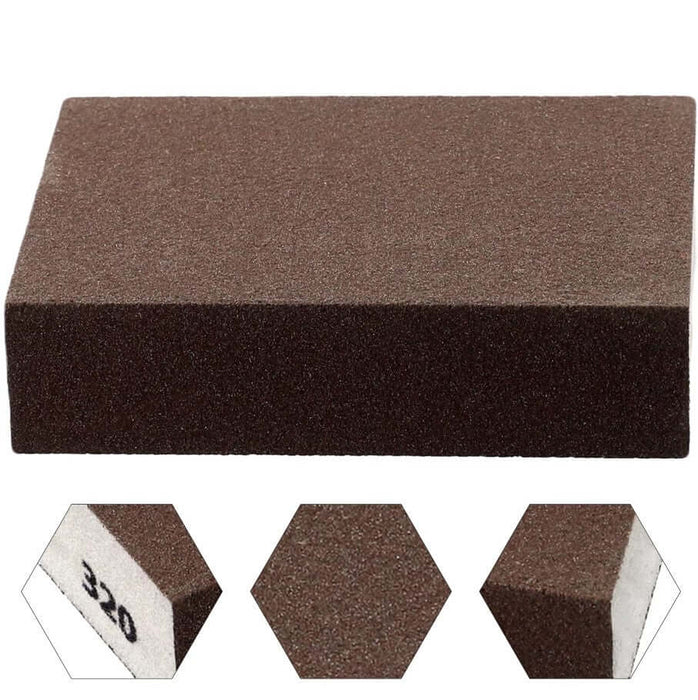 High-density 320 grit sanding sponge ideal for wood, paint, and metal, showcasing its versatile use for various sanding tasks.