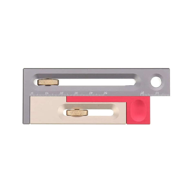 Table saw/router slot adjuster measuring block with precision markings and movable components for accurate cutting.