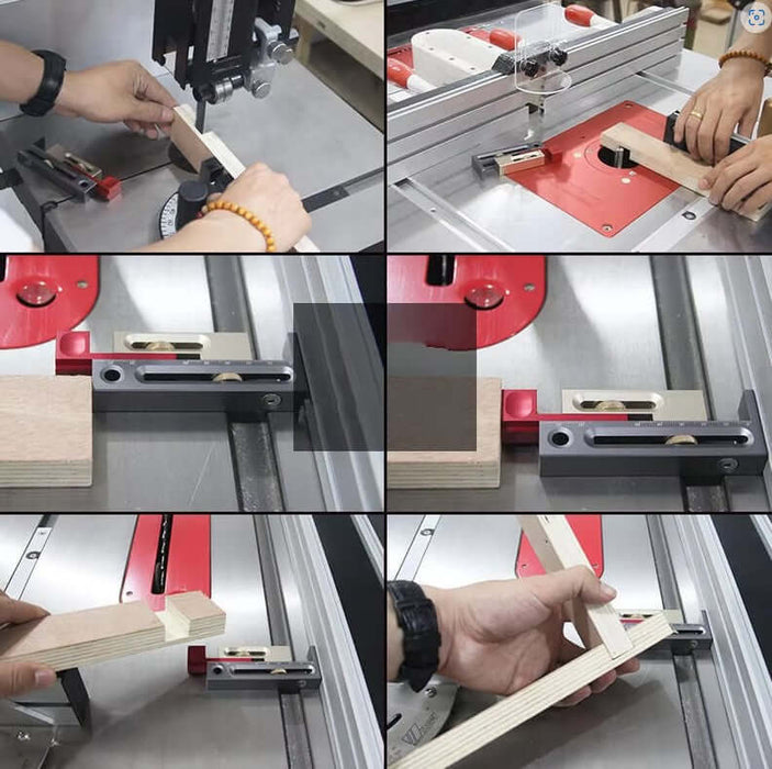 High-precision table saw/router slot adjuster in use, demonstrating accurate measurements and cuts with wooden pieces.