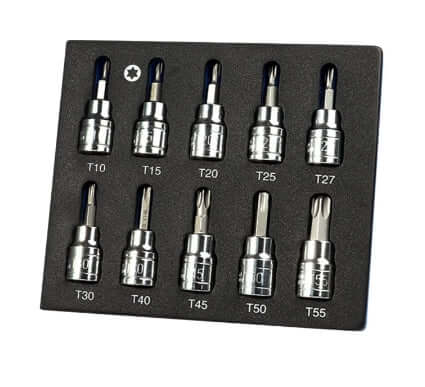 10-piece 3/8-inch drive Torx bit socket wrench set in foam tray, includes sizes T10 to T55, made from durable chrome vanadium steel.