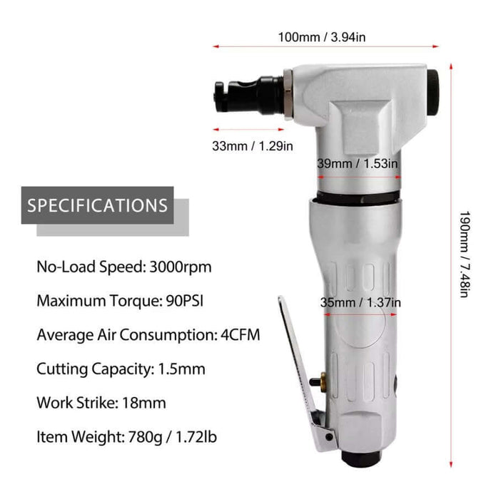 Sheet Metal Nibbler Pneumatic Shear specifications including speed, torque, air consumption, cutting capacity, and dimensions.