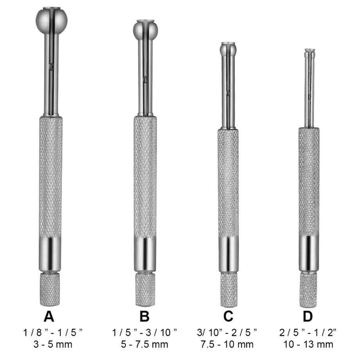 "4 Pcs Full-Ball Small Bore Hole Precision Gauge Set in metal finish with size specifications for measuring bores"