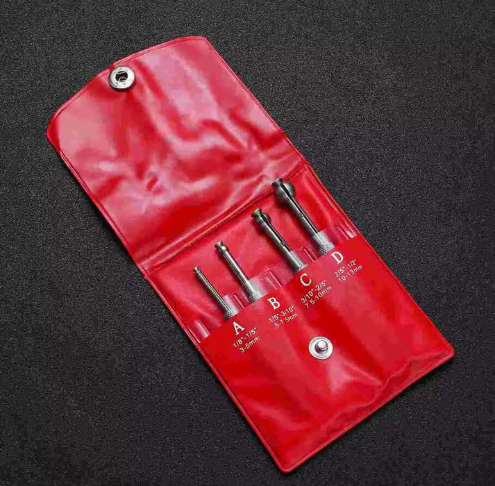 Precision gauge set of 4 in red pouch for measuring bore diameters, showcasing various gauge sizes on a black background.