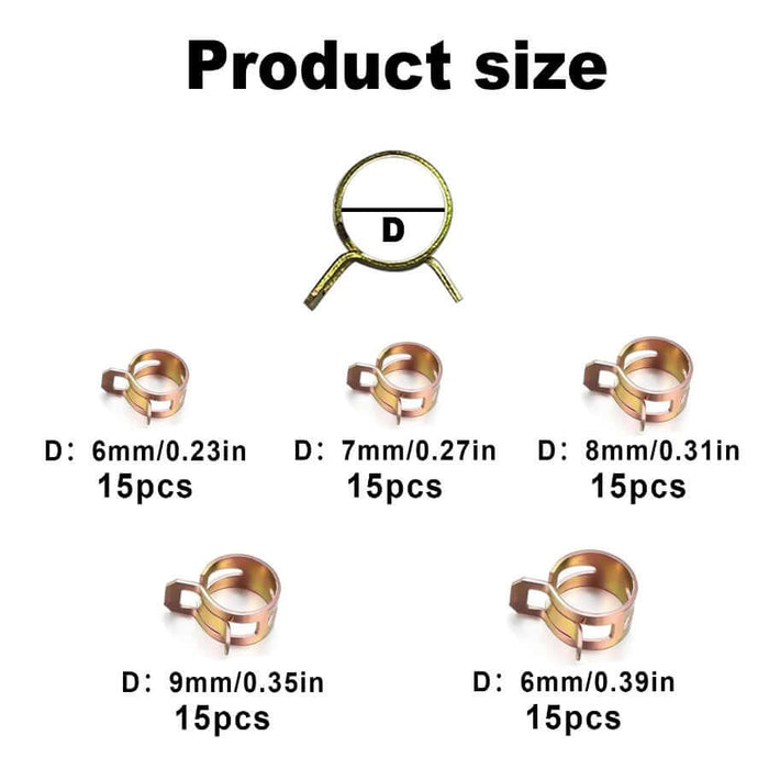 Product sizes of 75Pcs Manganese Steel Spring Driven Hose Clamp showing diameters and quantity for each size.