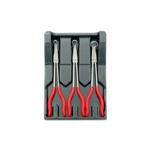 T&E Tools 3 Piece Extra Long Spark Plug Boot Removal Plier Set with bright red cushioned grips in black storage tray.