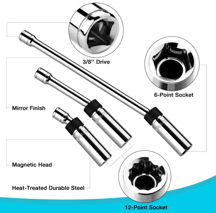 DURATECH 3-piece 3/8" Drive Magnetic Swivel Spark Plug Socket Set with Swivel Sockets, Mirror Finish, 6 and 12-Point Configurations