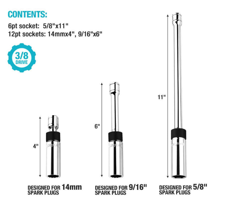 DURATECH 3-piece Magnetic Swivel Spark Plug Socket Set with 3/8" Drive, showing 5/8", 14MM, and 9/16" sockets with dimensions.