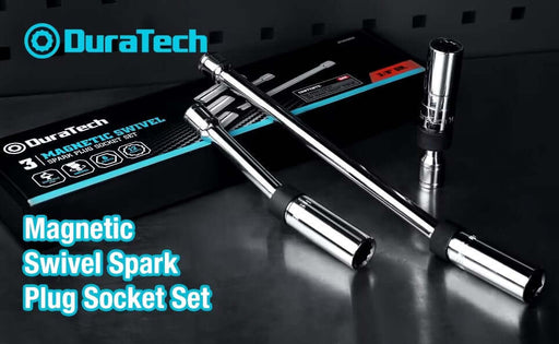 DURATECH 3-piece Magnetic Swivel Spark Plug Socket Set with packaging, includes 5/8", 14MM, and 9/16" swivel sockets.