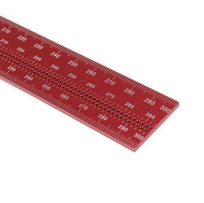 Red aluminum 300mm angle positioning T square ruler with measurement markings and precision engraving.