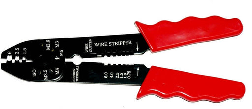 T&E Non-Insulated Wire Crimp & Strip Pliers with red handles and crimp openings for efficient wire stripping and cutting.