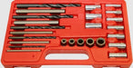 T&E Tools screw extractor, guide, and drill set in red PVC case with multiple drill bits and extractor pins.