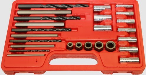 T&E Tools screw extractor, guide, and drill set in red PVC case with multiple drill bits and extractor pins.