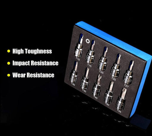 10-piece 3/8-inch drive Torx bit socket wrench set in foam tray showcasing high toughness, impact resistance, and wear resistance