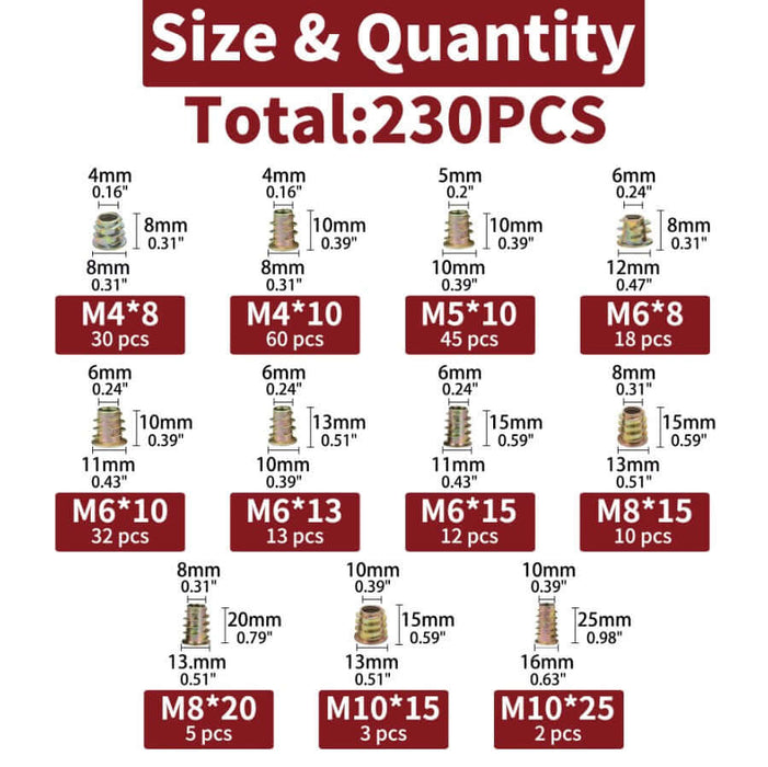 230-piece zinc alloy nut set size and quantity chart with various screw-in insert nut measurements and counts.