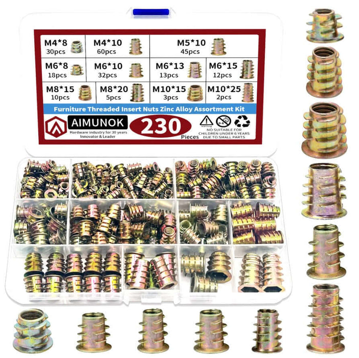 230-piece zinc alloy nut set in transparent box, featuring various sizes of threaded insert nuts for furniture assembly.