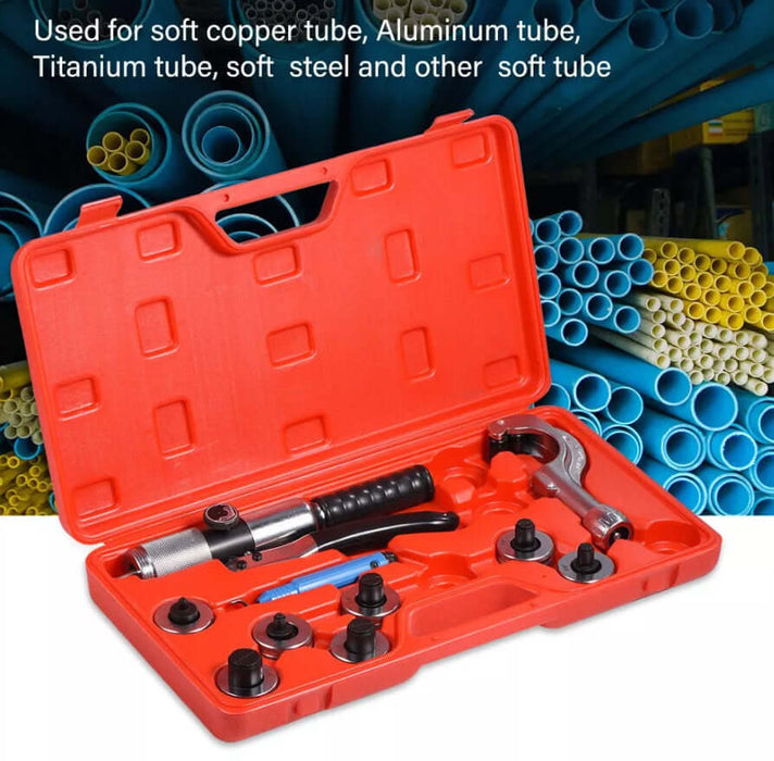 Hydraulic tube expander kit with seven expander heads in a red case, ideal for soft metal tubing installations.