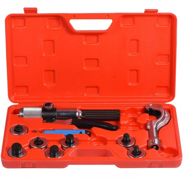 Hydraulic tube expander kit with seven expander heads in orange case for plumbing and HVAC applications.