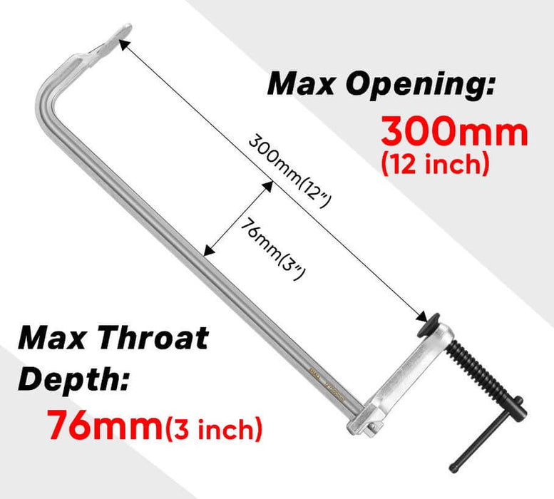 Steel bar clamp with max opening of 300mm (12 inch) and throat depth of 76mm (3 inch) for secure metal and wood clamping.