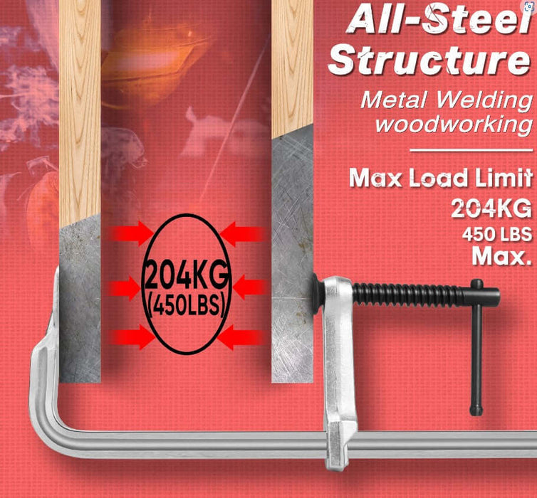 Steel bar clamp securing wood and metal workpieces with a max load limit of 204 kg (450 lbs) for metal welding and woodworking tasks.