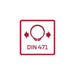 DIN 471 circlip standard logo with arrows pointing outward.