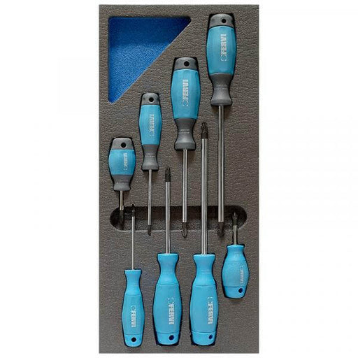 FERVI Crosstip screwdriver set in grey and blue polyethylene foam tray, 8 pieces precisely milled with CNC machine for technicians