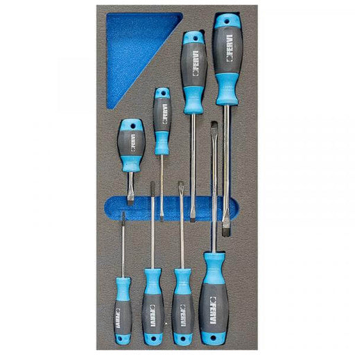 FERVI 8-piece flat screwdriver set in grey and blue foam tray for technicians