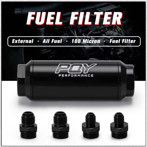 PQY 44mm fuel filter with four black adapter fittings, featuring 100-micron filtration for external fuel systems.