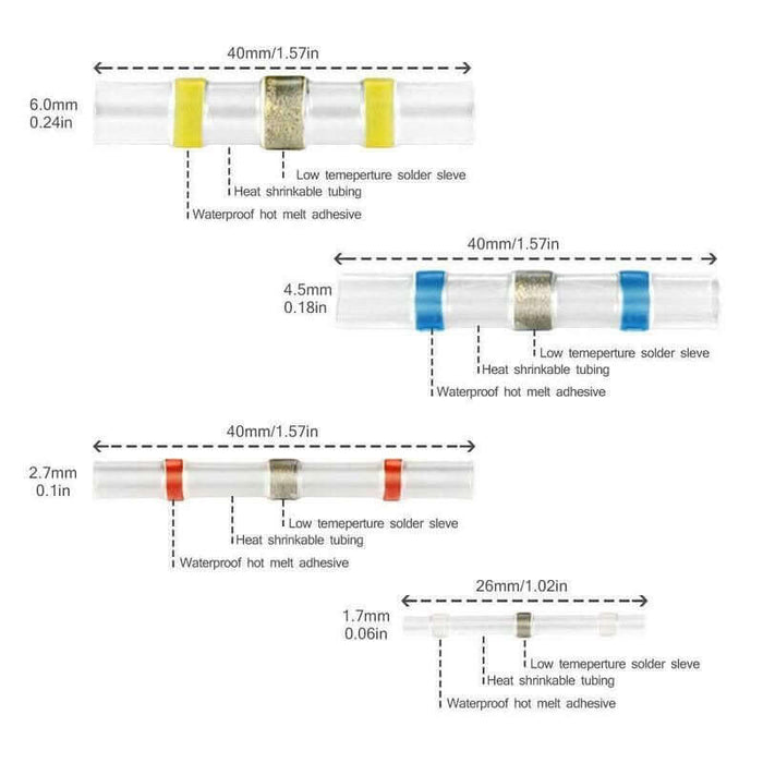 Various sizes of solder seal sleeve heat shrink wire connectors with measurements and descriptions
