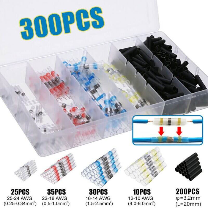 300pcs solder seal sleeve heat shrink butt wire connectors terminals in a plastic organizer