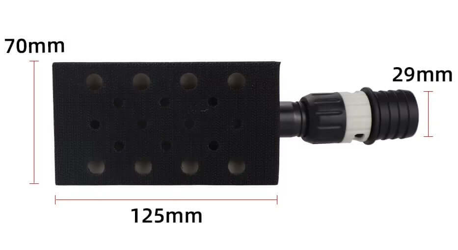 Hand sanding block dimensions with air valve, designed for dust-free automotive applications, 125mm x 70mm x 29mm.