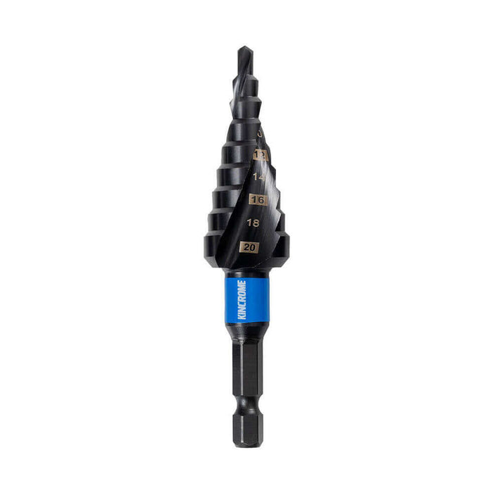 Kincrome Step Drill 4-20mm with dual-spiral flute design for precision and efficiency in metalworking tasks.